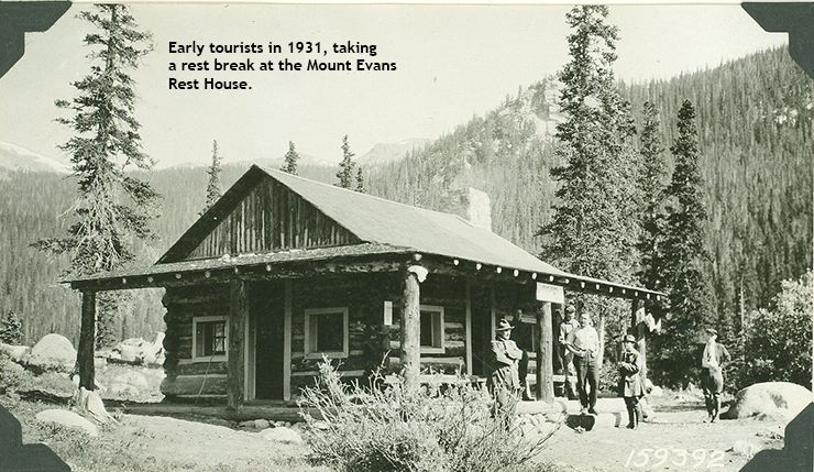 Early tourists in 1931, taking a rest break from the drive at the Mount Evans Rest House.