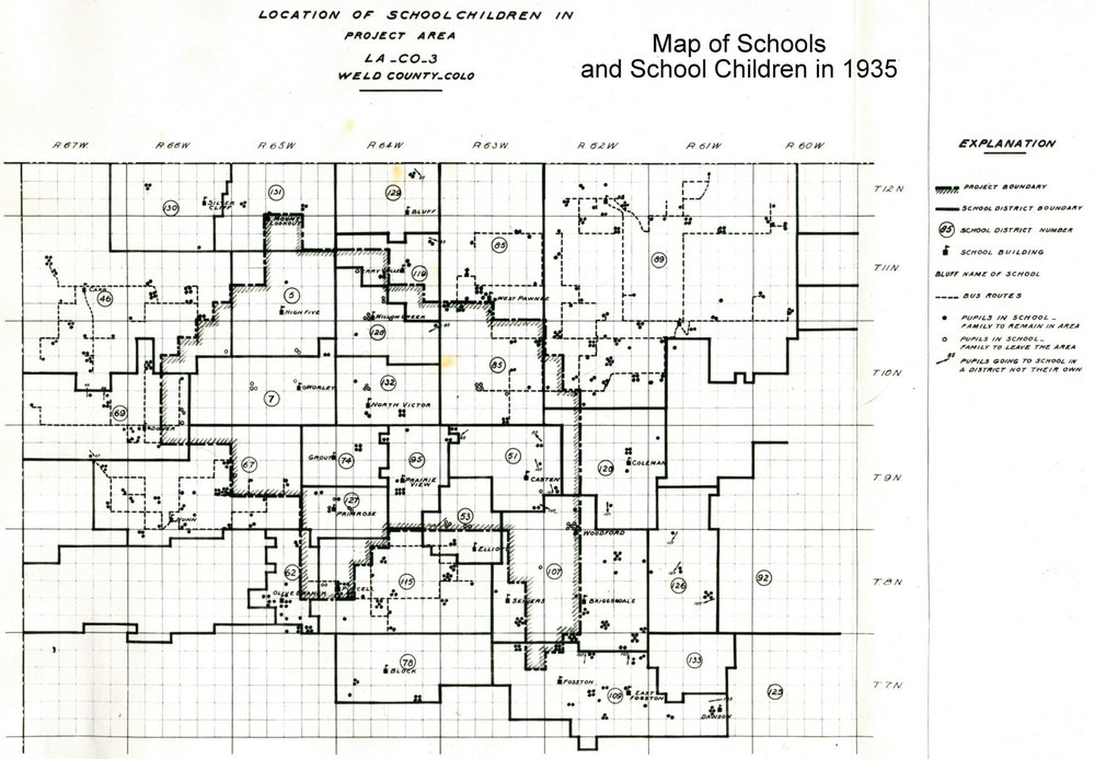 1935 map of schools and school children living in Pawnee Grassland area.