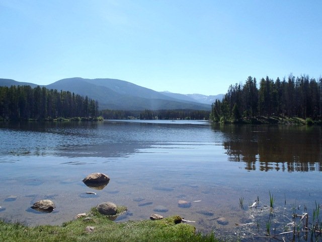 Mountains and pine trees line shore of the reservoir.