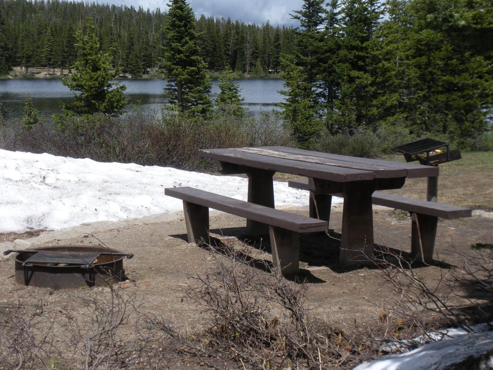 Picnic site at Brainard Lake with table and fire grate.